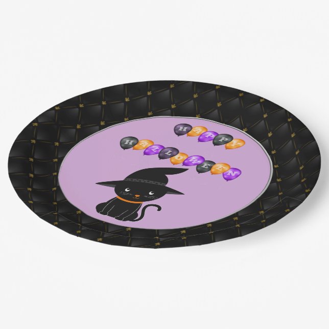 Black Boarder Black Cat Happy Halloween Balloons Pappteller (Schrägansicht)