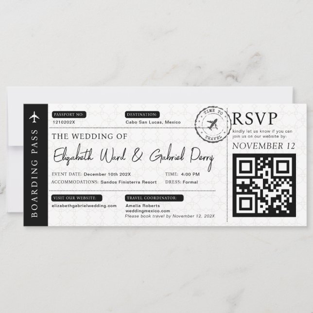 Black Boarding Pass Hochzeit in Urlaubsort Einladung (Vorderseite)