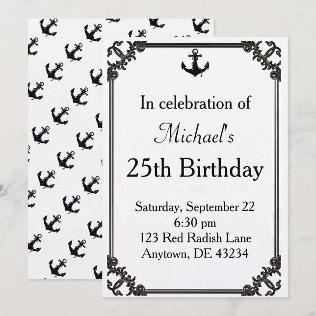 Black Boat Anchor Birthday Einladung (Vorne/Hinten)