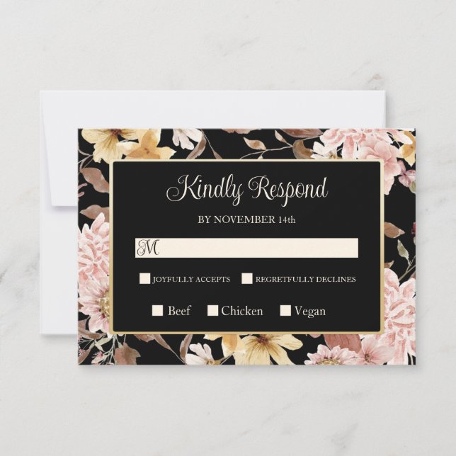 Black Boho Blooms & Bird Wedding RSVP Karte (Vorderseite)