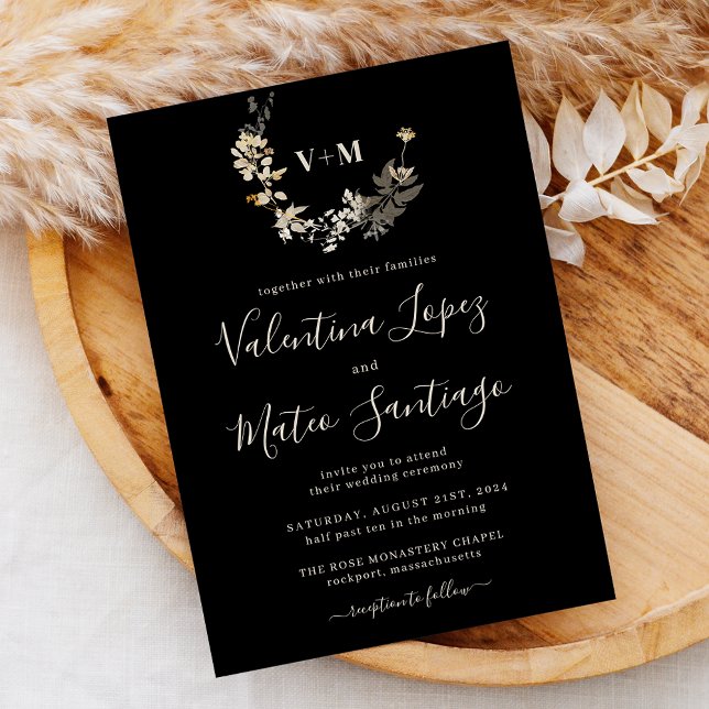 Black Boho Botanical Foliage Monogram Wedding Invi Einladung (Von Creator hochgeladen)