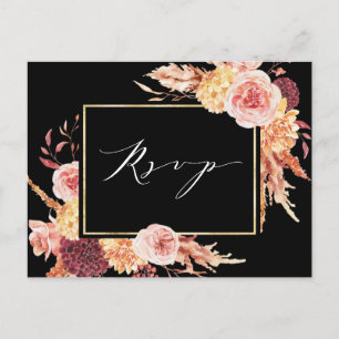 Black Boho Burgundy Terracotta Blume Wedding RSVP Postkarte