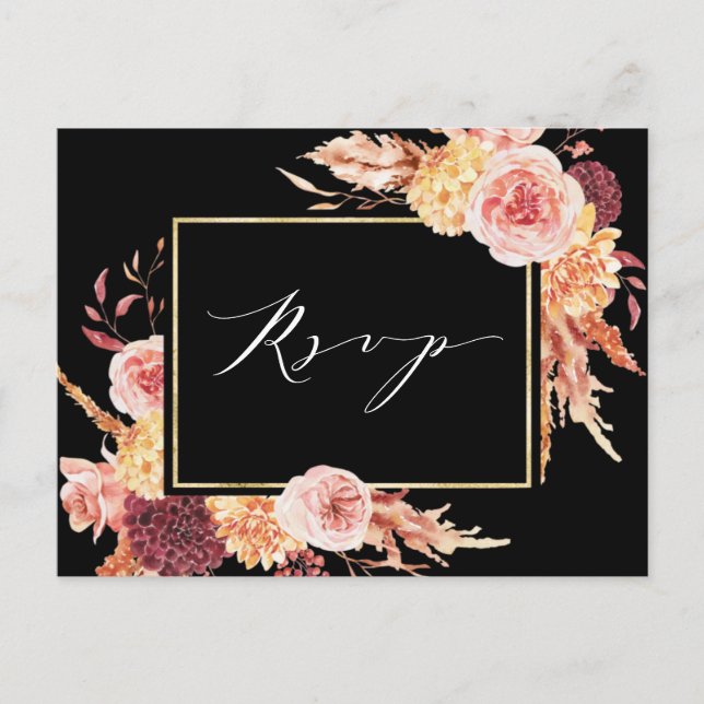 Black Boho Burgundy Terracotta Blume Wedding RSVP Postkarte (Vorderseite)