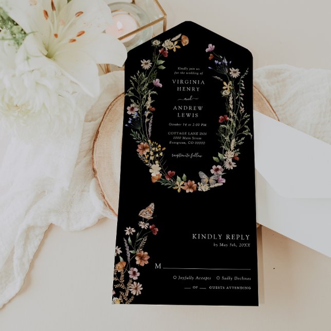 Black Boho Floral All in One Wedite Einladung (Black Boho Floral All in One Wedding Invite with Butterfly by Painted Paperie
)