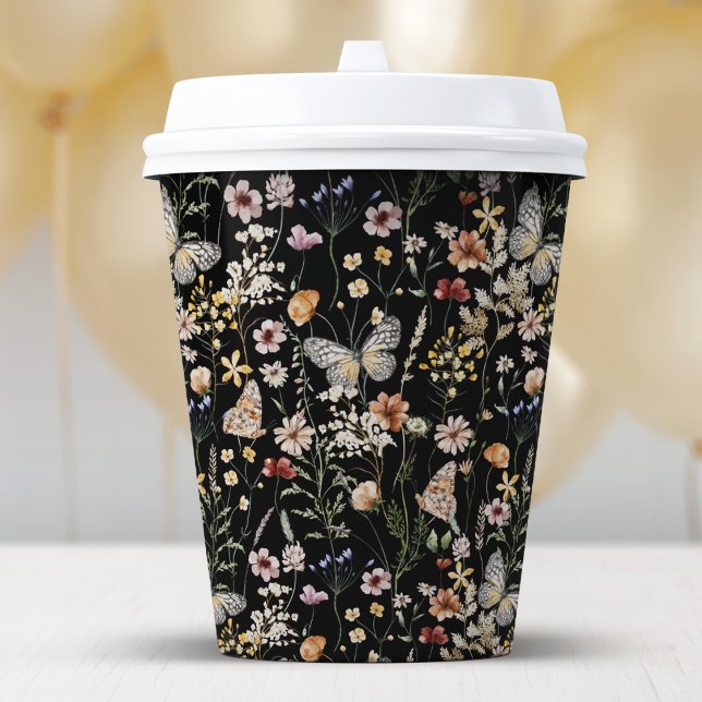 Black Boho Floral Paper Cup Pappbecher (Moody Black Boho Floral Paper Cup with Butterflies by Painted Paperie
)