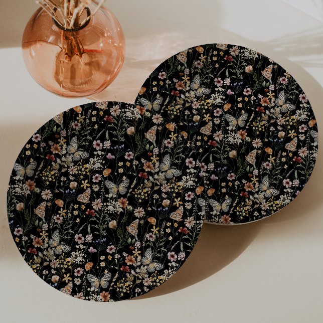 Black Boho Floral Paper Plate Pappteller (Moody Black Boho Floral Paper Plates by Painted Paperie)