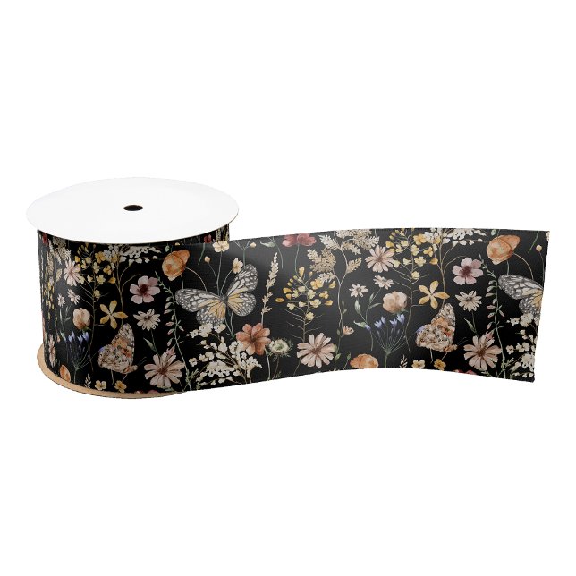 Black Boho Floral Ribbon Ripsband (Black Boho Floral Gift Wrapping Ribbon with Butterflies by Painted Paperie
)