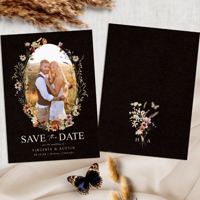 Black Boho Floral Save the Date (Black Boho Floral Save The Date Photo Monogram by Painted Paperie
)