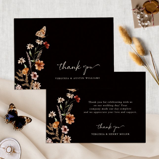 Black Boho Floral Wedding Danke Karte (Black Boho Floral Wedding Thank You Card with Butterfly by Painted Paperie
)