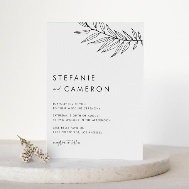 Black Boho Minimalistisch Foliage QR Code Wedding Einladung (Black Boho Minimalist Foliage QR Code Wedding Invitation)