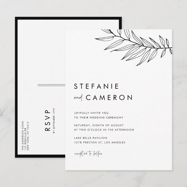 Black Boho Minimalistisch Foliage Wedding Einladungspostkarte (Vorne/Hinten)