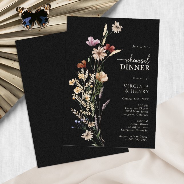 Black Boho Probe Dinner Einladung (Moody Black Boho Rehearsal Dinner Invitation by Painted Paperie
)
