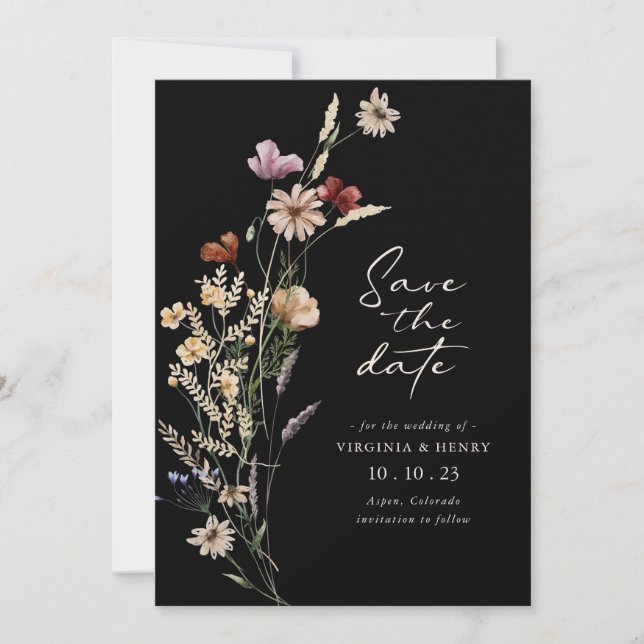 Black Boho Save the Date Flat Card (Vorderseite)