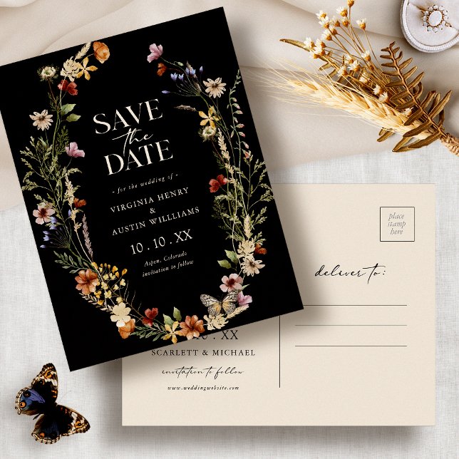 Black Boho Save the Date Postcard Postkarte (Black Boho Watercolor Floral Save The Date Postcard by Painted Paperie
)