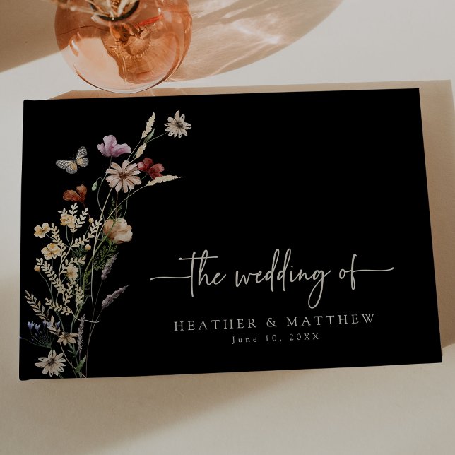 Black Boho Wildblumen Hochzeit Gästebuch (Watercolor Black Boho Wildflowers Wedding Guest Book Butterfly by Painted Paperie
)