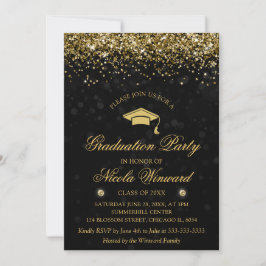 Black Bokeh & Gold Glitzer Graduation Party Einladung