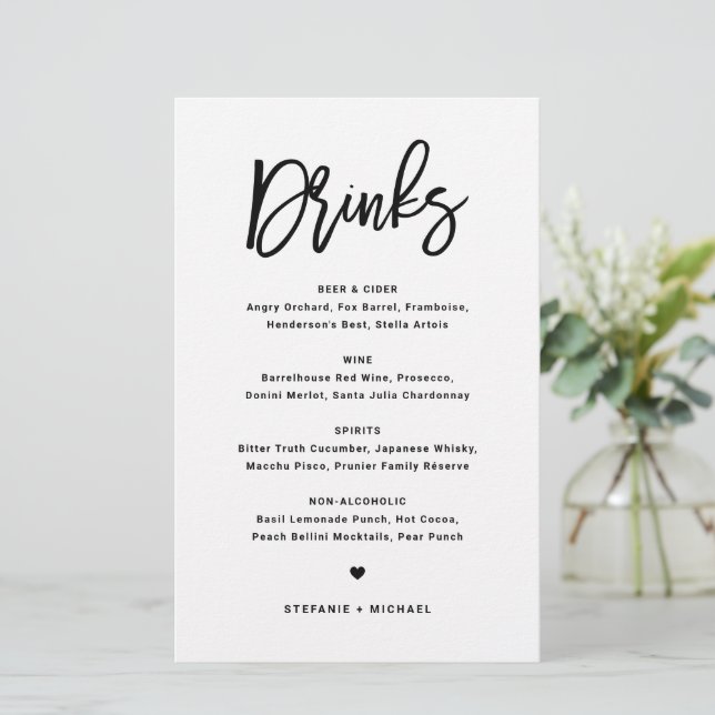 Black Bold Modern Calligraphy Wedding Drinks Menu (Stehend Vorderseite)