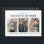 Black Bold Typography Three Photo Save the Date Magneteinladung<br><div class="desc">Show off your style with this customizable photo Save the Date magnet featuring bold retro typography and a three-photo layout. Add your names, wedding date, and location alongside three of your favorite photos to create a unique and memorable announcement. The retro type adds a fun, vintage-inspired vibe, while the multi-photo...</div>