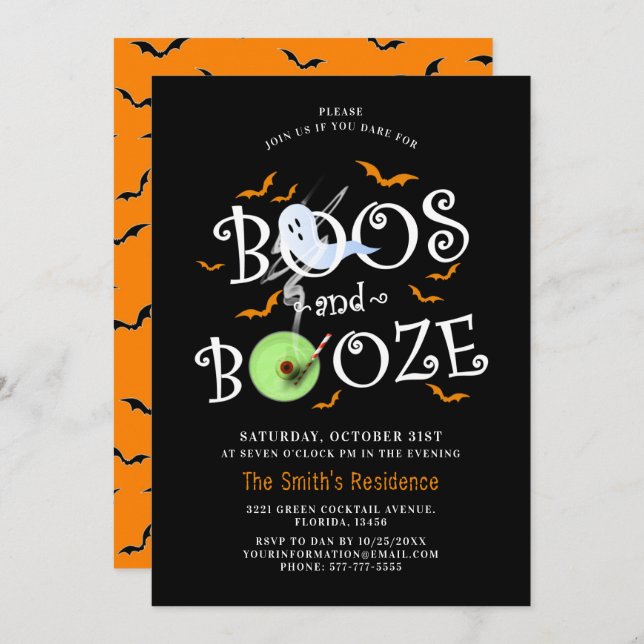 Black Boos & Booze Halloween-Party Einladung (Vorne/Hinten)