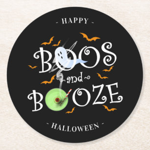 Black Boos & Booze Halloween-Party Runde Runder Pappuntersetzer