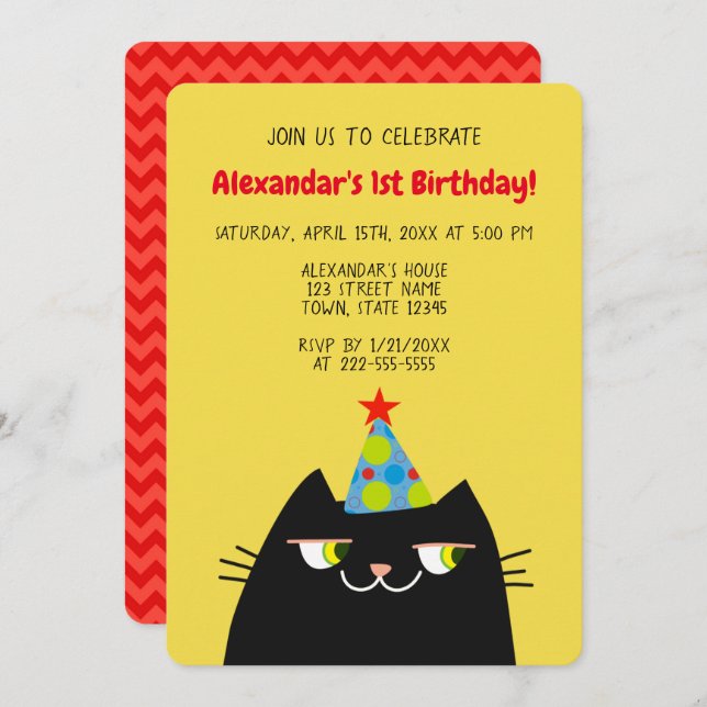 Black Boost The Cat , Funny Black 1. Geburtstag Einladung (Vorne/Hinten)
