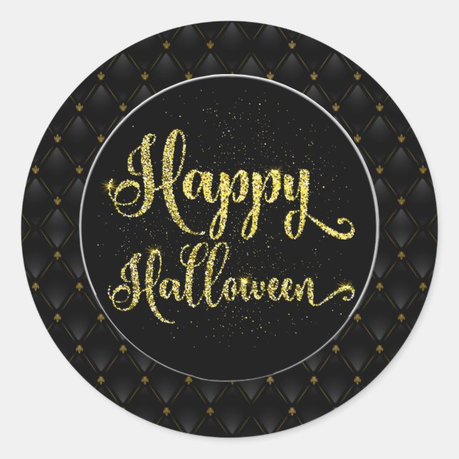 Black Border Gold Glitzer auf Black Happy Hallowee Runder Aufkleber (Vorderseite)