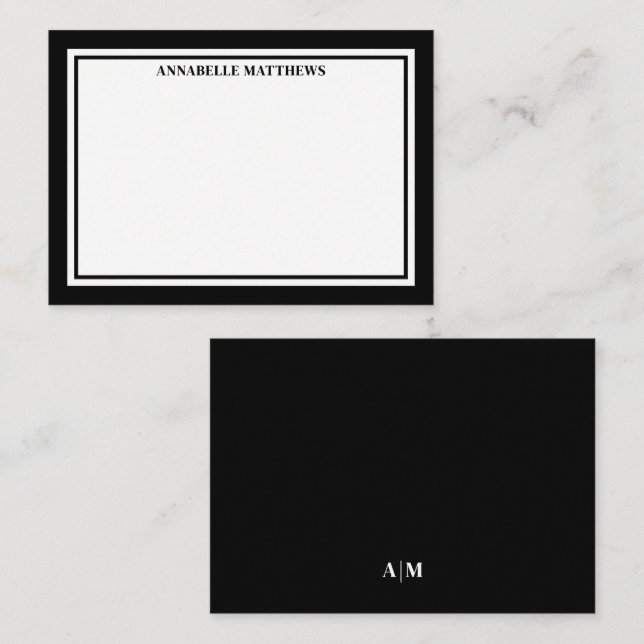 Black Border Minimalist Name Monogram Mitteilungskarte (Vorne/Hinten)
