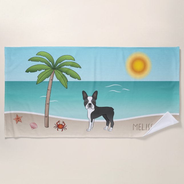 Black Boston Terrier an einem tropischen Sommerstr Strandtuch (Vorderseite)