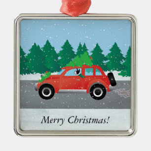 Black Boston Terrier Auto fahren Weihnachtswagen Silbernes Ornament