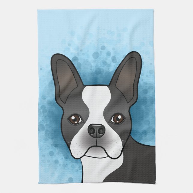 Black Boston Terrier Cartoon Dog Kopf auf blau Geschirrtuch (Vertikal)