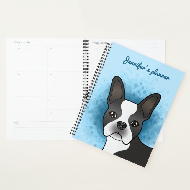 Black Boston Terrier Cartoon Dog On Blue & Text Planer (Anzeige)