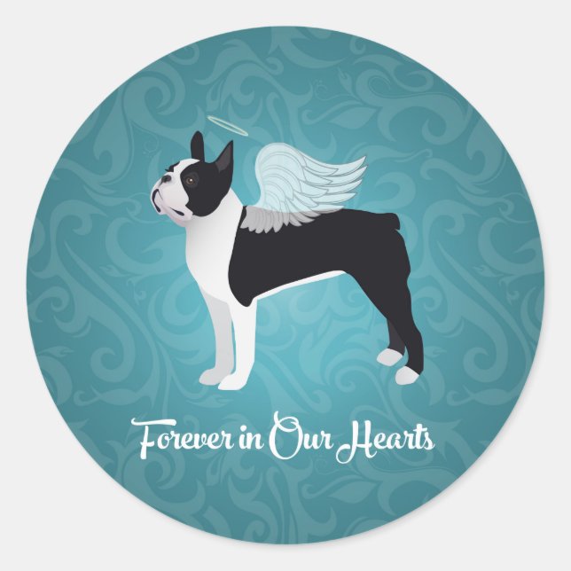 Black Boston Terrier Dog Angel Pet Memorial Runder Aufkleber (Vorderseite)