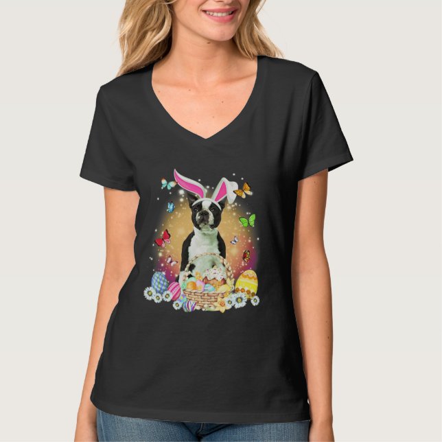 Black Boston Terrier Dog Bunny Easter Eggs Basket  T-Shirt (Vorderseite)