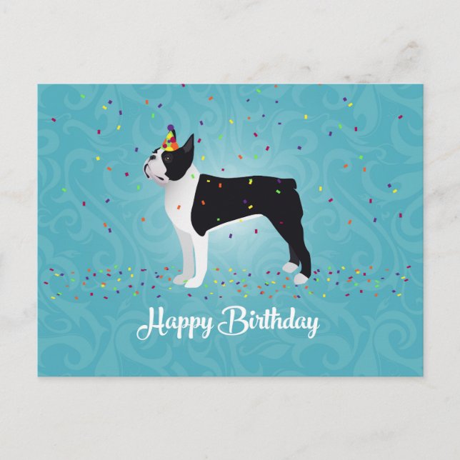 Black Boston Terrier Happy Birthday Design Postkarte (Vorderseite)