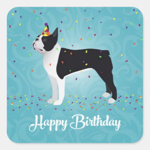 Black Boston Terrier Happy Birthday Design Quadratischer Aufkleber