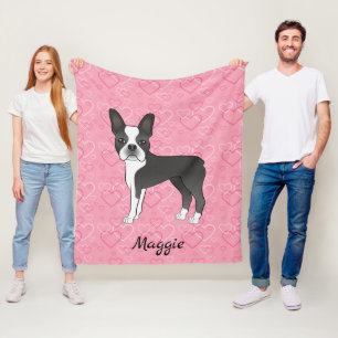 Black Boston Terrier Hund auf rosa Herzen und Name Fleecedecke