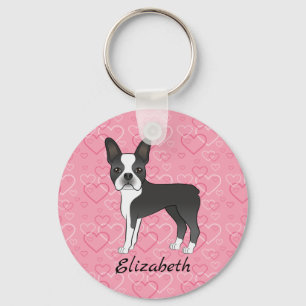 Black Boston Terrier Hund auf rosa Herzen und Name Schlüsselanhänger