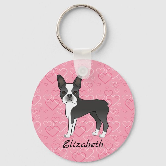 Black Boston Terrier Hund auf rosa Herzen und Name Schlüsselanhänger (Vorderseite)