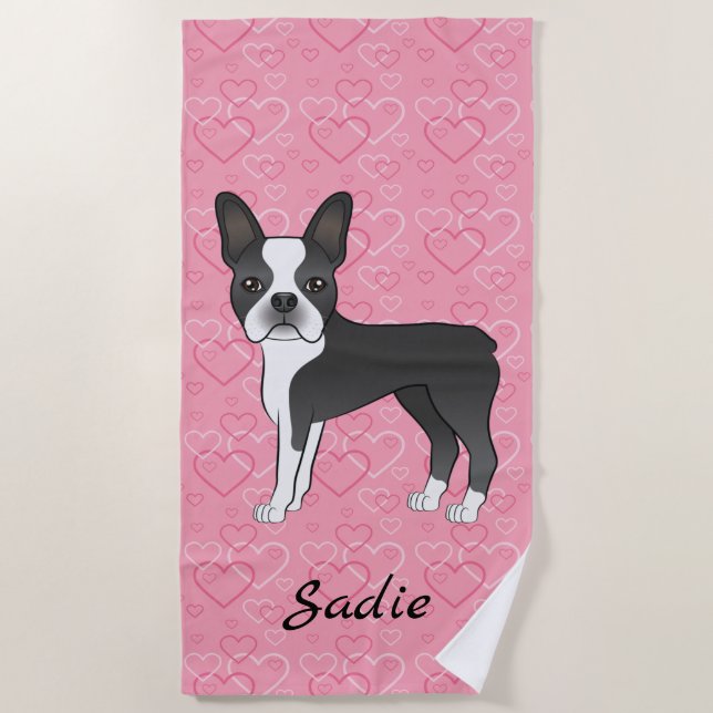 Black Boston Terrier Hund auf rosa Herzen und Name Strandtuch (Vorderseite)