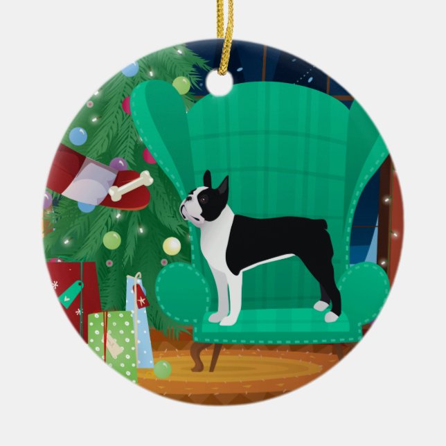 Black Boston Terrier und das Geschenk des Weihnach Keramik Ornament (Vorne)
