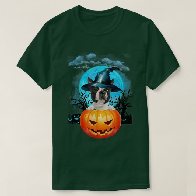 Black Boston Terrier Witch Pumpkin And Blue Moon 1 T-Shirt (Design vorne)