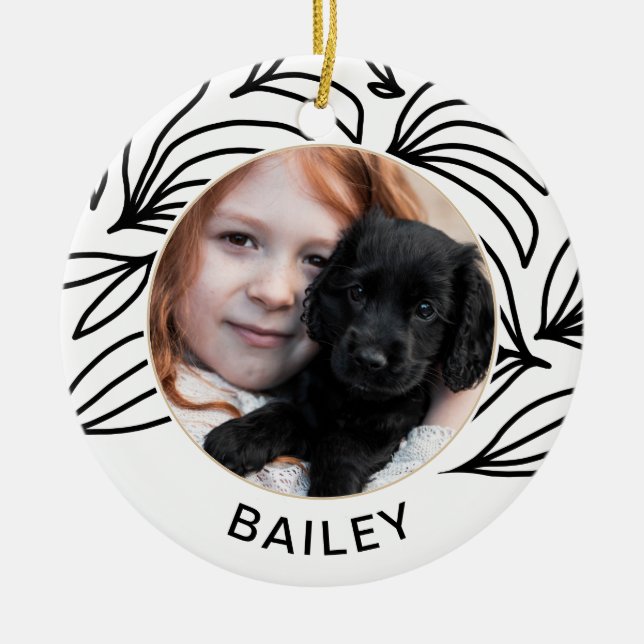 Black Botanical Dog Foto und Name Weihnachten Keramik Ornament (Vorne)