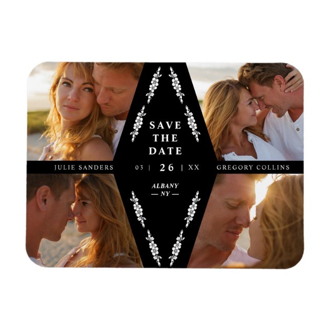 Black Botanical Modern Collage 4 Fotos Hochzeit Magnet (Horizontal)