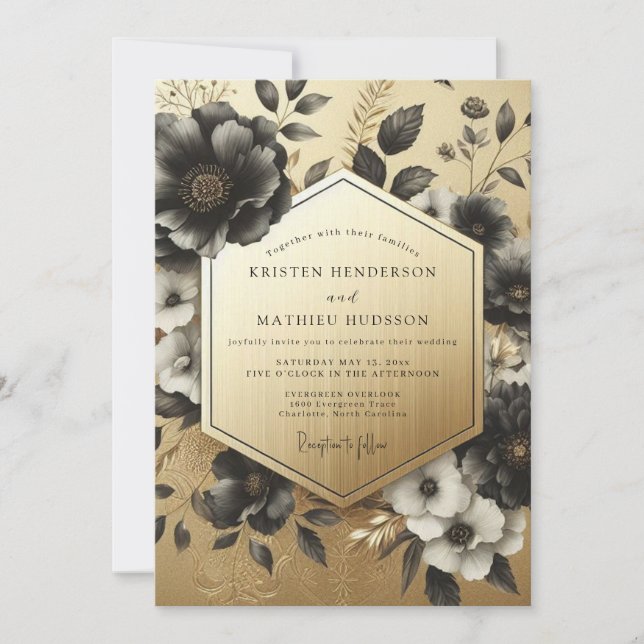 Black Botanical Opulent Wedding Einladung (Vorderseite)