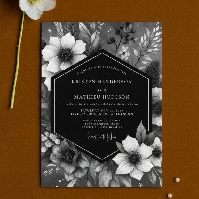 Black Botanical Romance Wedding Einladung (Von Creator hochgeladen)