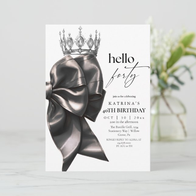 Black Bow 40th Birthday Einladung (Stehend Vorderseite)