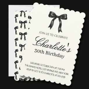 Black Bow Birthday Cream Vintage Scallop Einladung