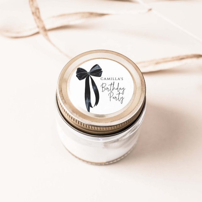 Black Bow Birthday Party Runder Aufkleber (Von Creator hochgeladen)