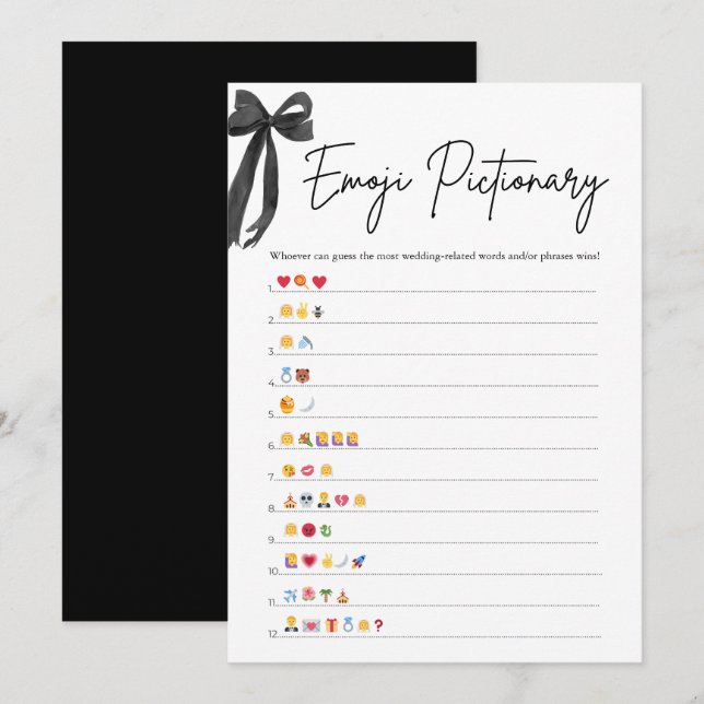 Black Bow Brautparty Emoji Pictionary Game Einladung (Vorne/Hinten)