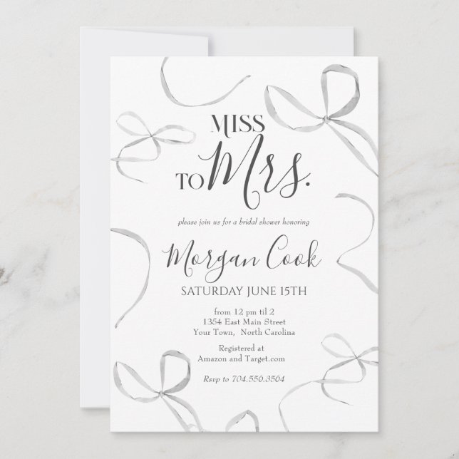Black bow Bridal Shower Invitation, miss to mrs  Einladung (Vorderseite)